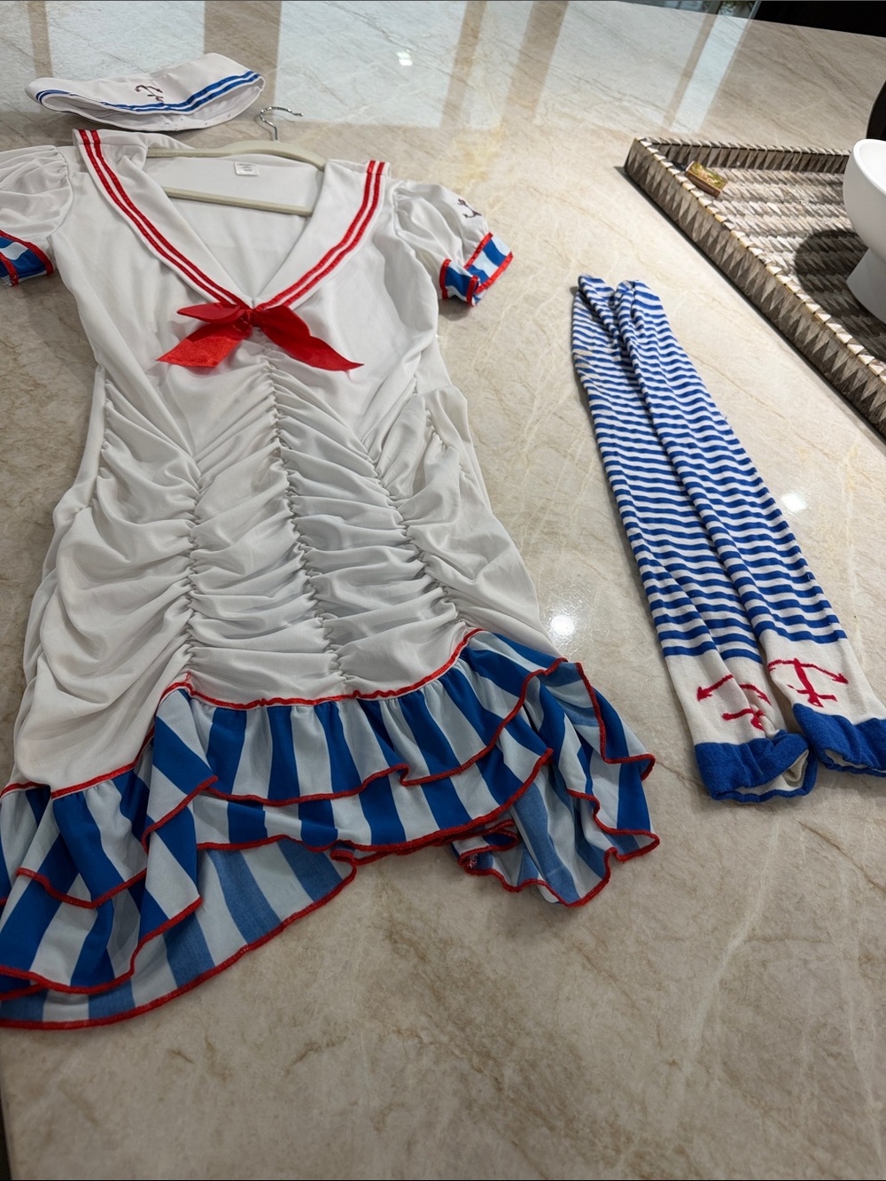 Women’s White Sailor Mini Dress with Blue Striped Ruffle & Red Trim